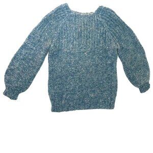 Hand Knit Sweater Womens Crew Neck Knit Cuff Metallic Thread Blue Silver
